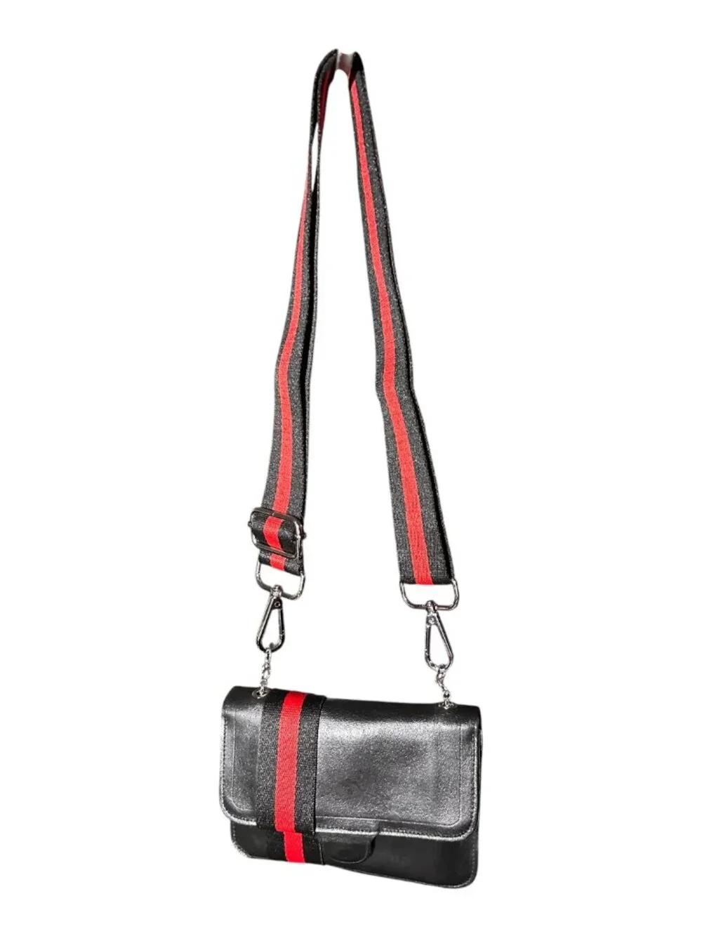 Black Mundi Leather Crossbody Bag w/Unbranded Black & Red Web